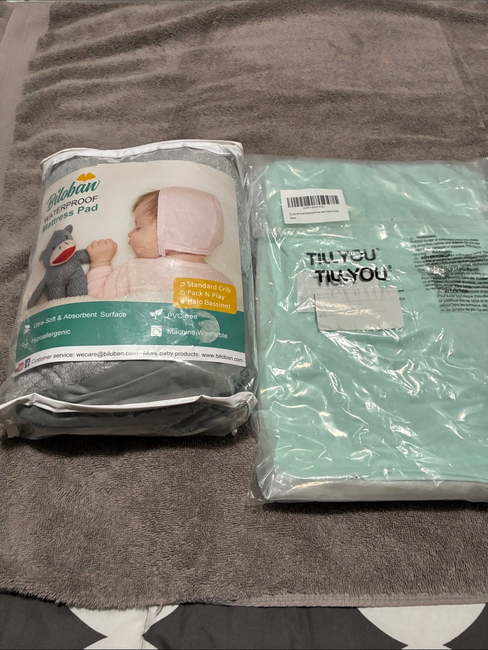 Biloban Waterproof Mattress Pad + Mint Tillyou Changing Pad Cover.